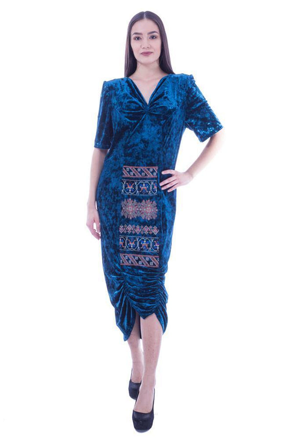 Rochie catifea turcoaz cu broderie  Liza Panait Liza Panait Online Boutique